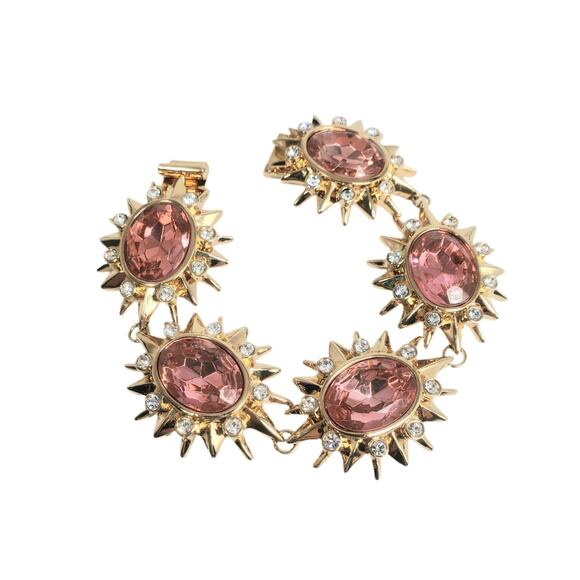 Vtg Hutton Wilkinson Pink Crystal Starburst Gold-Plated Link Bracelet-NIB - Picture 3 of 6